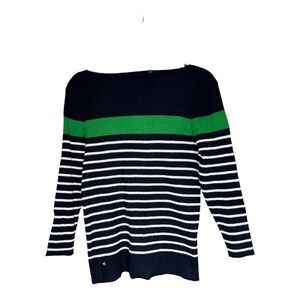 Ralph Lauren Pullover Sweater Women’s Blue & Green Striped Ribbed Knit SZ XL